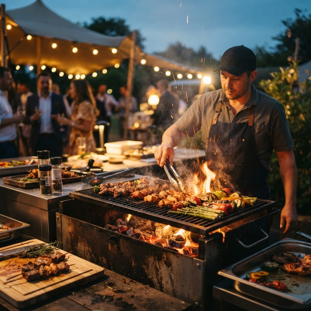 Live-Grillstation mit Flammen und Glut bei einem Event am Abend
