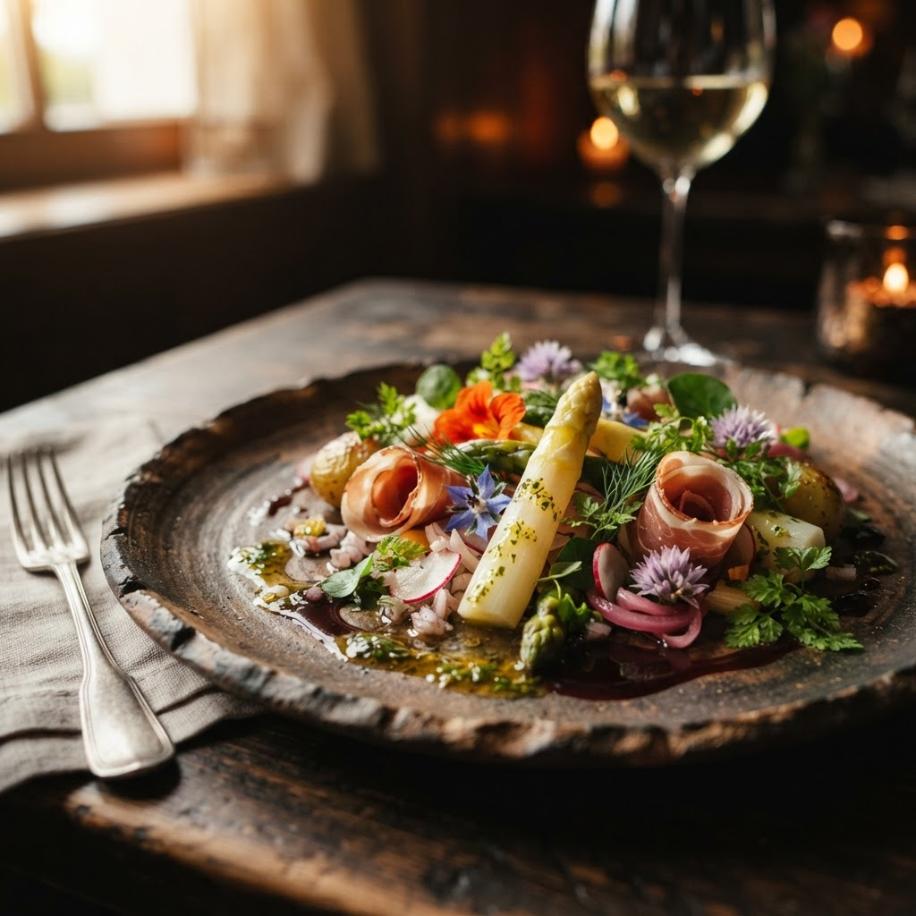 Elegant angerichtete regionale Vorspeise mit frischen Kräutern